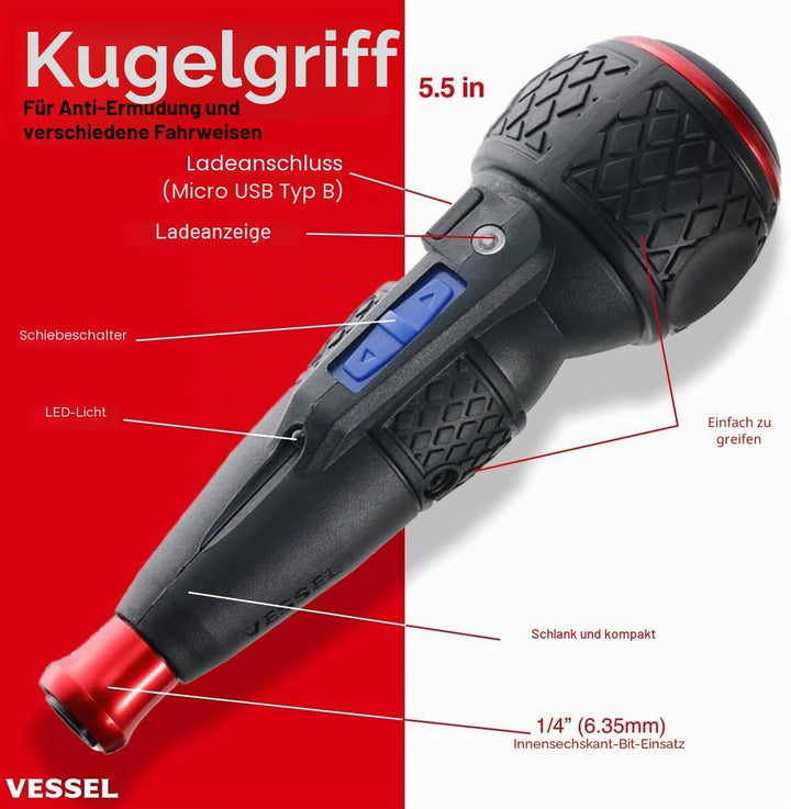 VESSEL Akku-Schraubendreher mit Kugelgriff, kabellos, Nr. 220USB-1U, 220USB1U, hergestellt in Japan