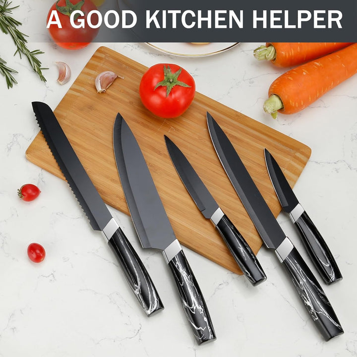 BEWOS Messerset, Schwarz Scharfe Edelstahl Küchenmesser Set, 5PCS Kochmesser Set ink. Kochmesser, Ge