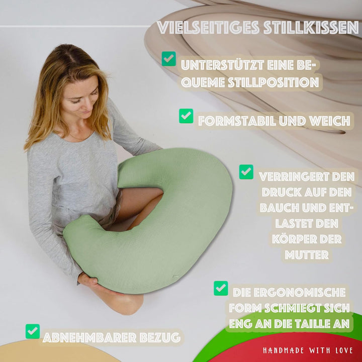 PaLulli® Stillkissen Klein aus 100% Musselin Baumwolle - Mit Abnehmbarem Stillkissenbezug, Atmungsak