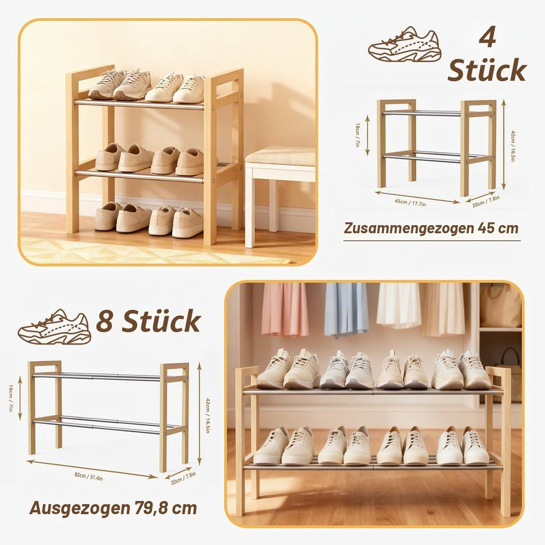 LEMIKKLE Schuhregal Holz Eiche 2-stöckig, Erweiterbar Mit Edelstahl-Elementen, Ideal Für Enge Räume,
