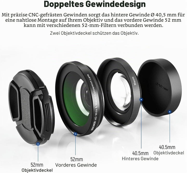 NEEWER 40.5mm HD Weitwinkelobjektiv kompatibel mit Sony ZV-1F ZV-E10 A5000 A6000 2 in 1 18mm Weitwin