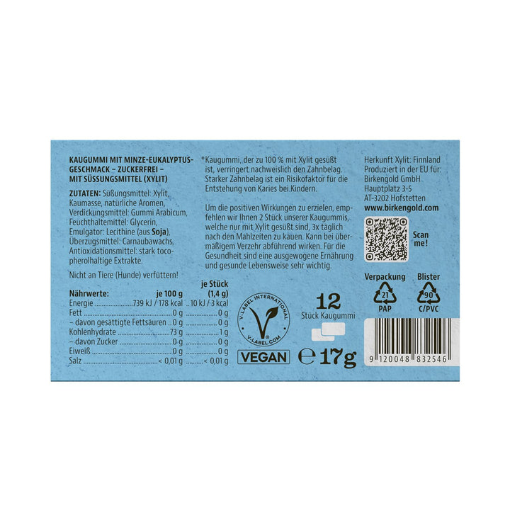 Birkengold Xylit Kaugummi Icemint | 24 Stk. Blister | Zahnpflege-Kaugummi | zuckerfrei | hoher Xylit