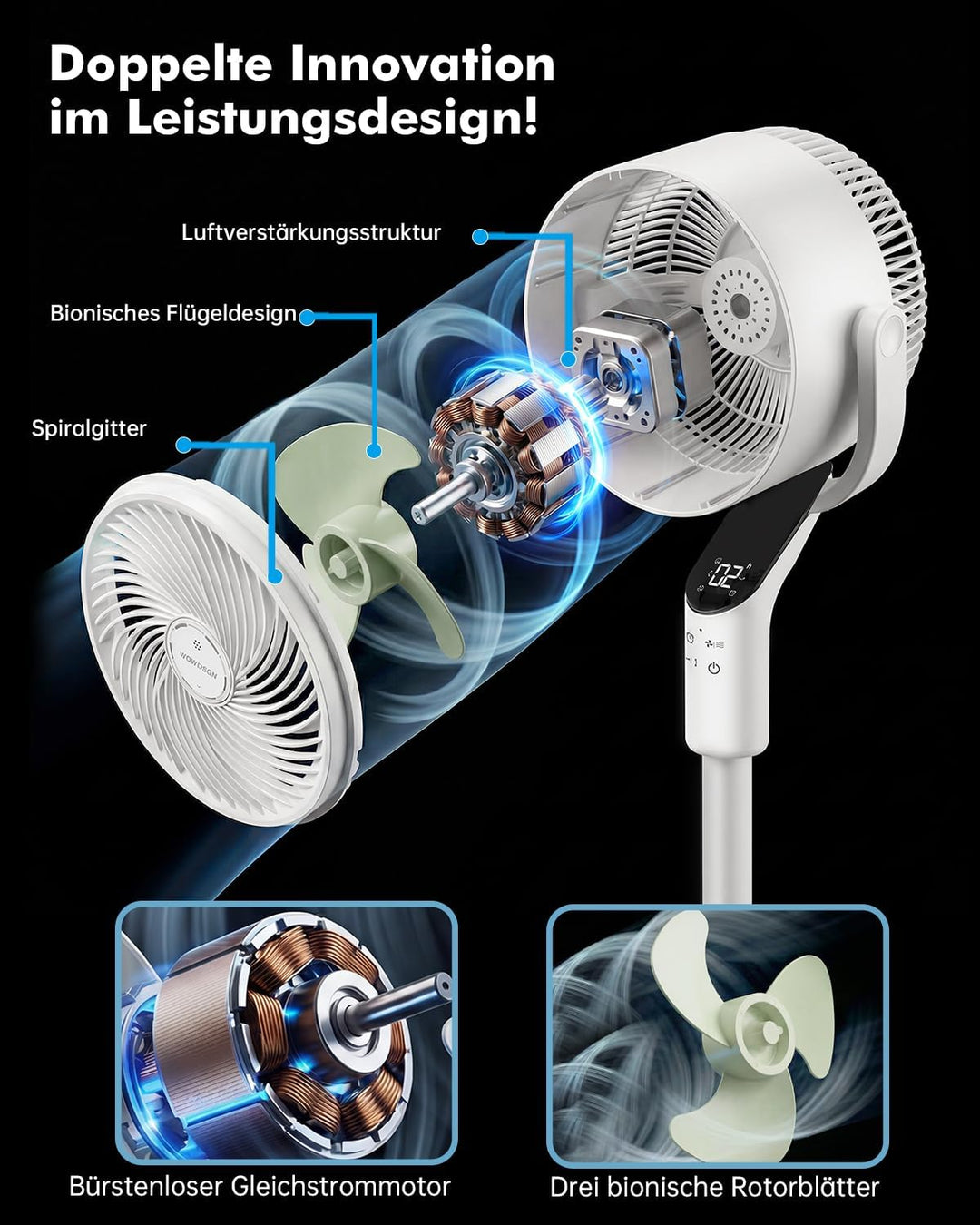 WOWDSGN Standventilator mit Fernbedienung, leiser Ventilator 22 dB, Windgeschwindigkeit 7,2 m/s, 70°