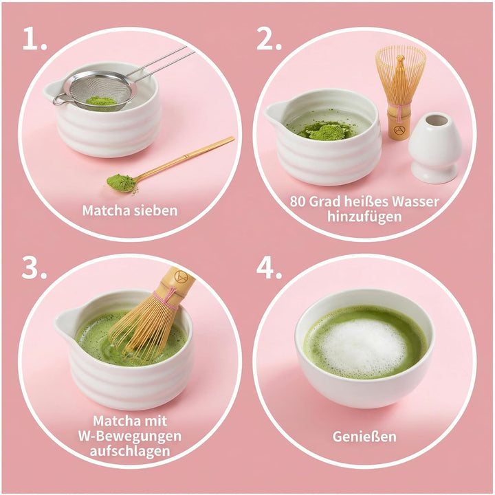 Design Matcha Set 5-teilig – Hochwertige Keramikschale mit Bambusbesen (Chasen) – Stilvolles Zubehör