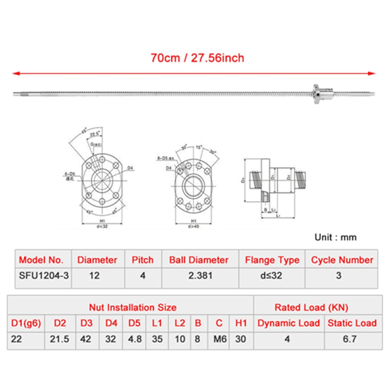 700mm SFU1204 Zero Backlash Kugelumlaufspindel CNC-Kugelgewindetrieb ohne seitliche Endlager