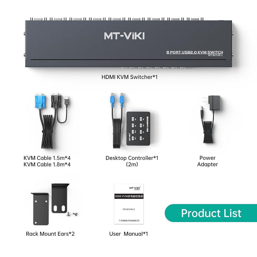 MT-VIKI VGA KVM Switch 8 Port 1U Rackmount KVM Switch 8 in 1 out Sharing für Tastatur Maus USB-Lauts