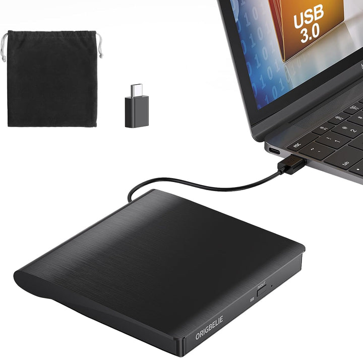 ORIGBELIE Externer CD-Player für PC Laptop, externer Plug & Play-DVD-Brenner, USB 3.0 Typ-C CD/DVD +