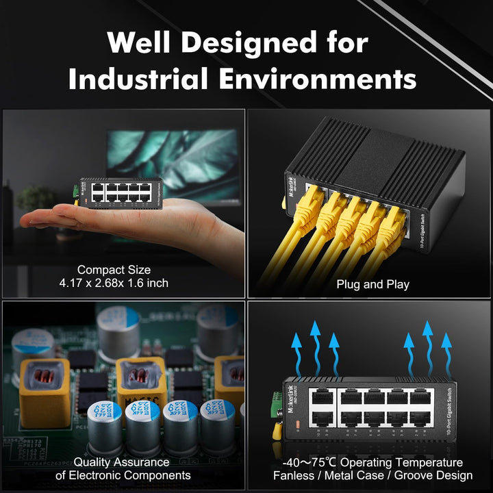 MokerLink 10 Port Gigabit Industrial DIN-Rail Ethernet Switch, Unmanaged IP40 Netzwerk-Switch (-40 b