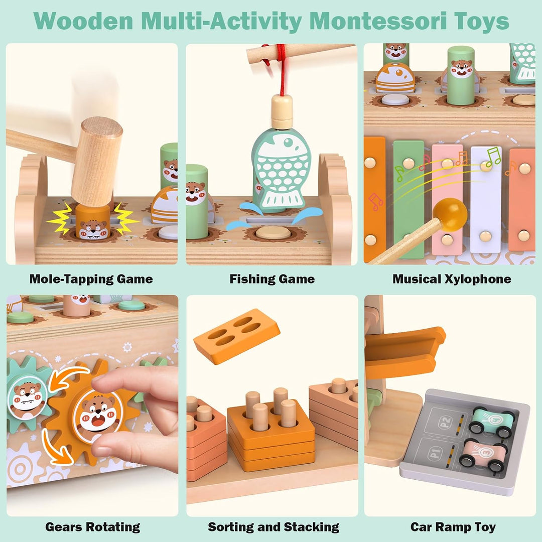 Holz Montessori Spielzeug für Kleinkinder 1-3 Jahre, Baby Hammerbank mit Xylophon &amp; Angelspiel, Auto