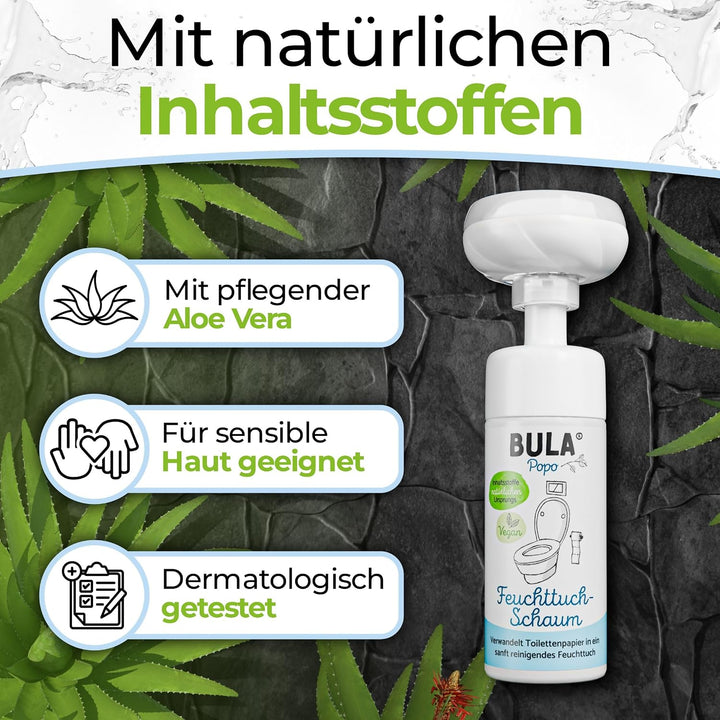 BULA® Popo Home Bundle | Feuchttuch-Schaum 150ml Flasche + Blumen-Schaumpumpe inkl. Edelstahl Halter