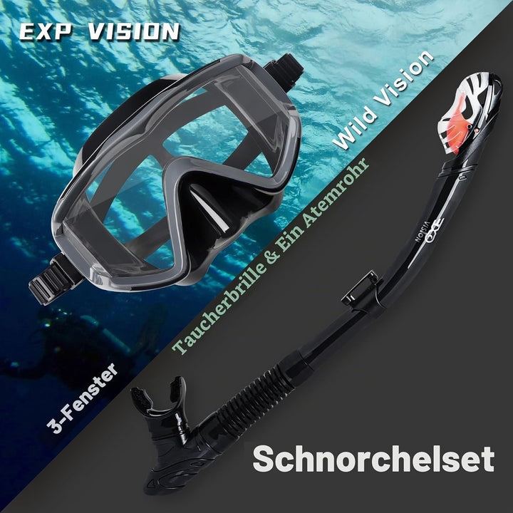 Trockenschnorchel-Set, Pano 3-Fenster-Schnorchelmaske, Anti-Fog-Taucherbrille und Schnorchel, profes