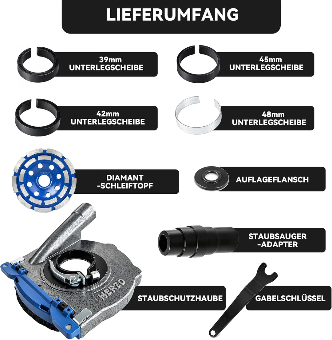 HERZO Absaughaube Set für Winkelschleifer inklusive 125mm DiamantSchleiftopf - robuste Aluminiumkons