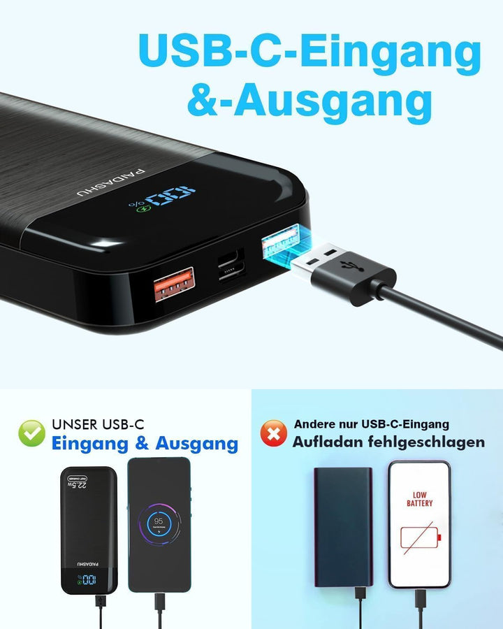 Power Bank 27000mAh 22,5W Externer Handyakku PD20W Schnell Aufladende Powerbank USB C mit LED Displa