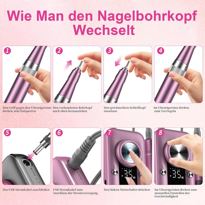 Elektrische Nagelfräser 45000 U/min，Wiederaufladbare Professionelle Elektrische Nagelfeile 4000mAh U