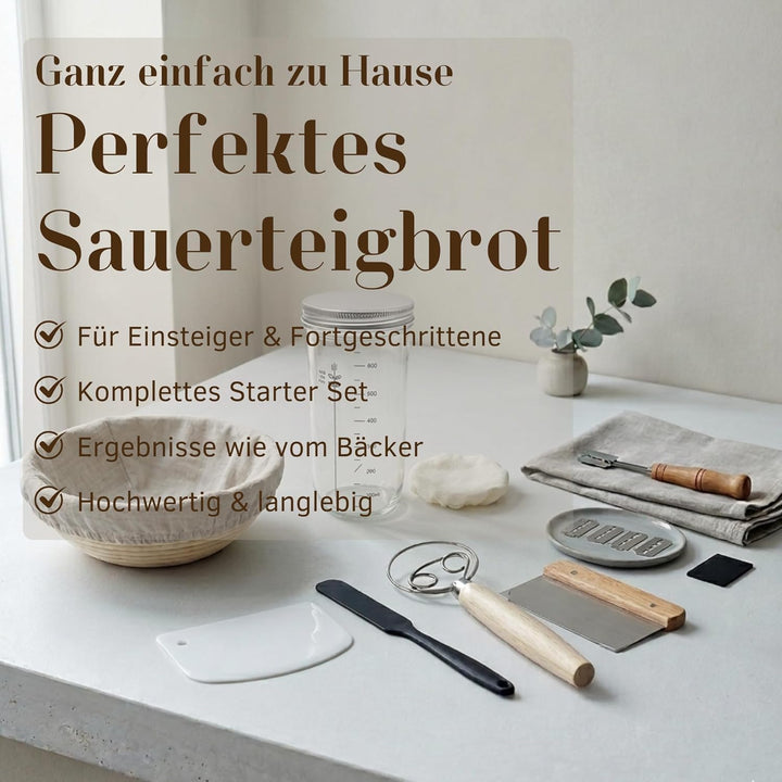 GoodHarvest Sauerteig Starter Set: Premium Komplettset mit Rattan-Gärkörbchen, 600ml Starterglas, Br