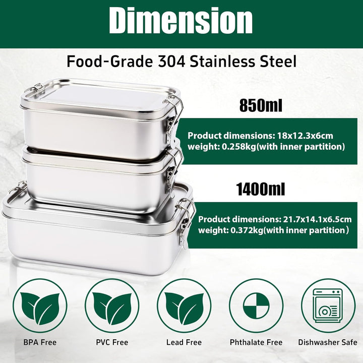 GFTIME Edelstahl Bento Box mit Fächern 3er Set, Brotdose aus 304 Edelstahl, Lunchbox 1400 ml + 850 m