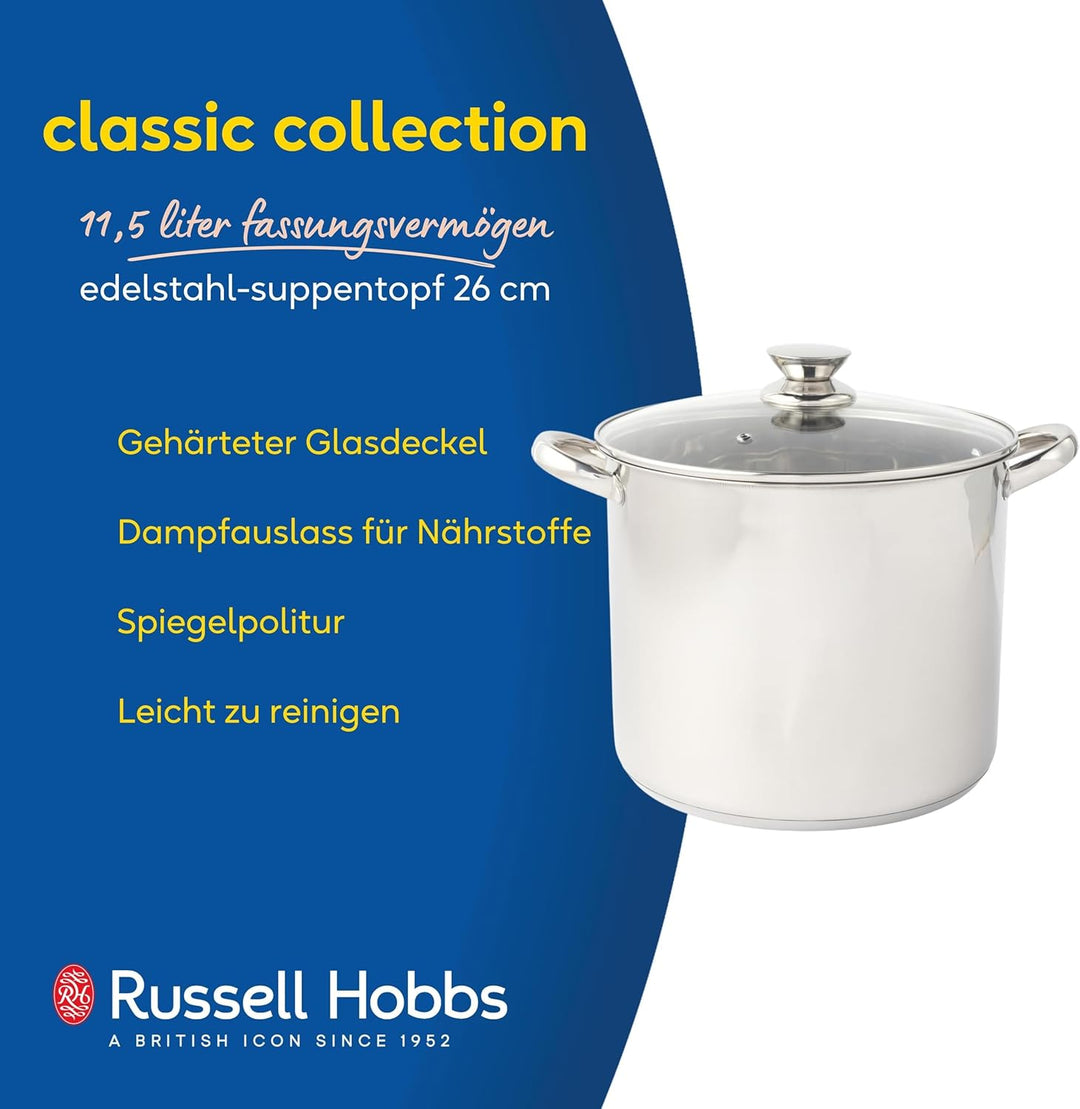 Russell Hobbs Classic Collection 26 cm Suppentopf – Kochtopf aus Edelstahl, gehärteter Glasdeckel mi