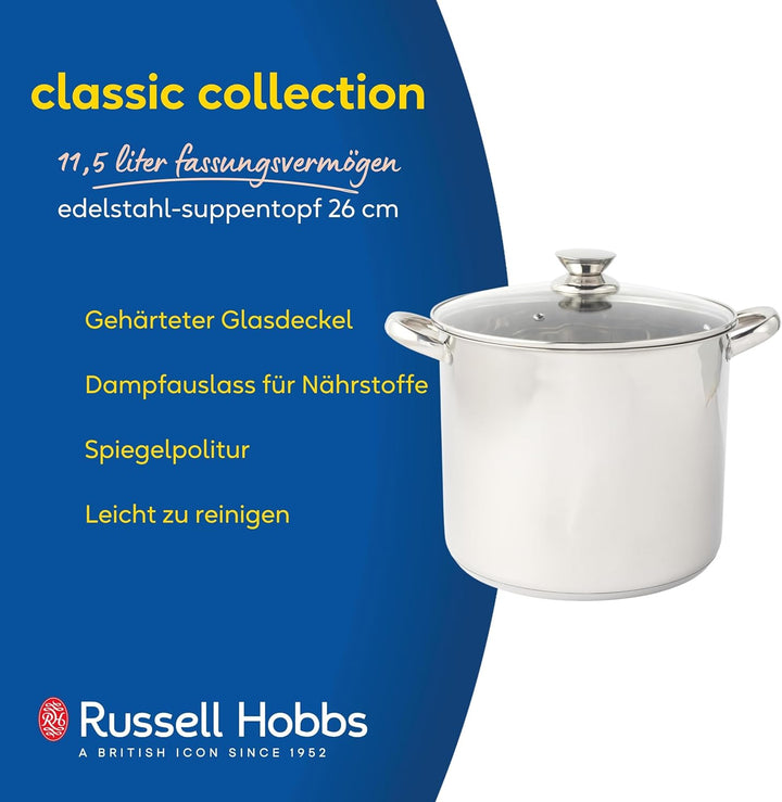 Russell Hobbs Classic Collection 26 cm Suppentopf – Kochtopf aus Edelstahl, gehärteter Glasdeckel mi