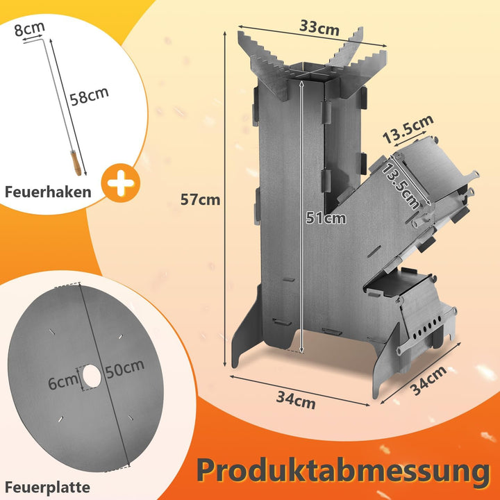 Raketenofen mit Grillplatte gross 5mm, Rocket Stove aus massivem 3 mm dickem Stahl, mit Feuerhaken,
