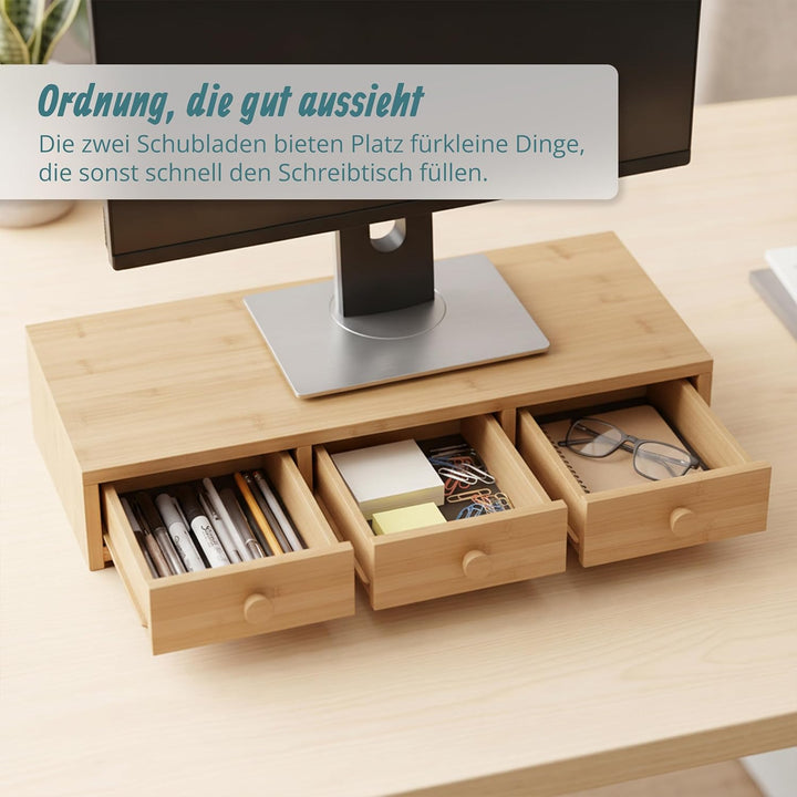 Relaxdays Monitorständer, 3 Schubladen, HxBxT: 12,5 x 51 x 24 cm, MDF, Monitorerhöhung Schreibtisch,