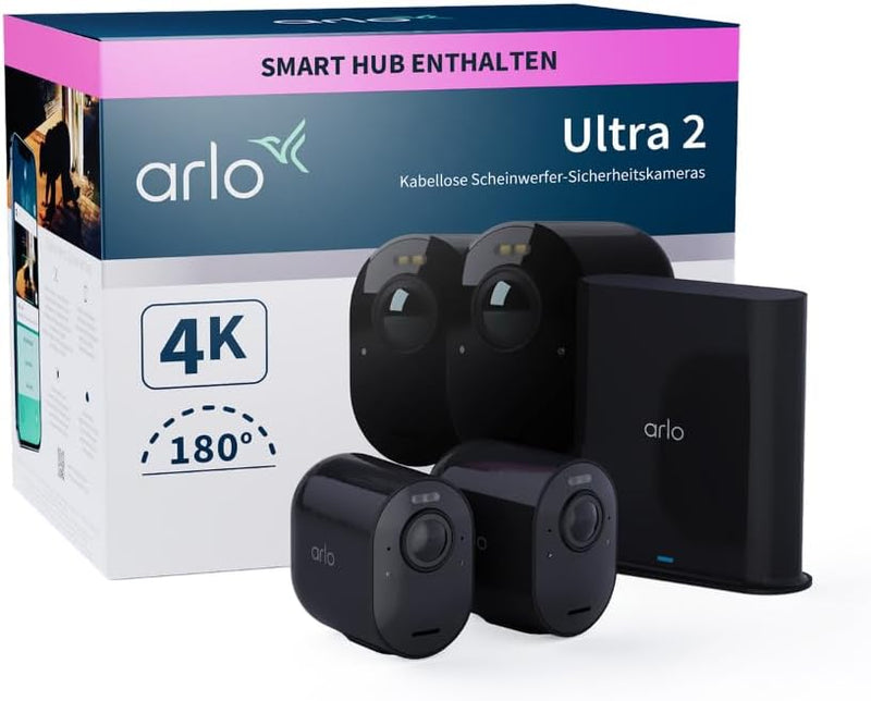 Arlo Ultra 2 Überwachungskamera Aussen WLAN, Kabellos, 2er Set, 4K UHD Qualitätsprodukt, 180° Sichtf