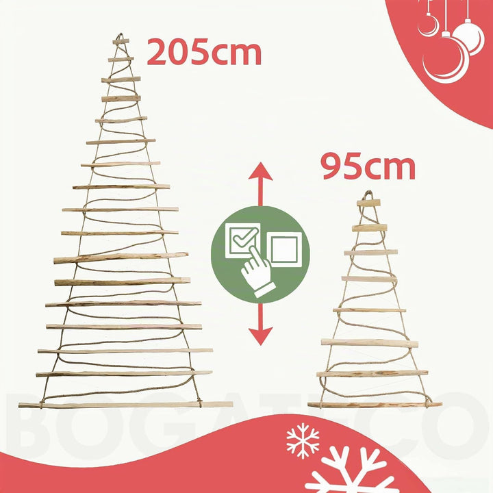 BOGATECO Handgemacht Weihnachtsbaum 95 cm hoch, aus Haselnussholz | Deko Anhänger | mit 200 cm LED-L