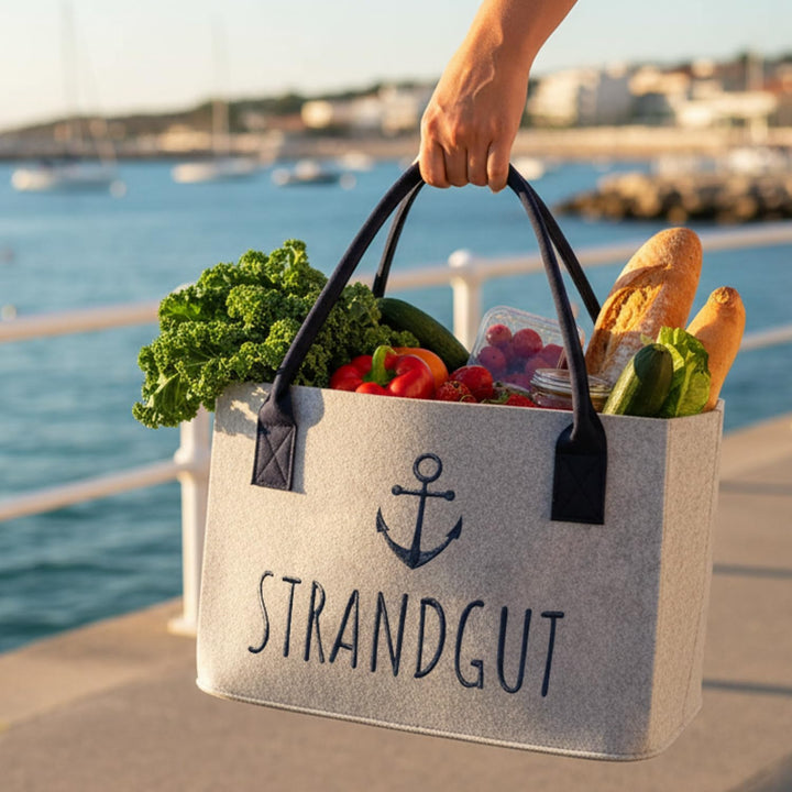 com-four® Filz-Shopper mit Henkel - faltbarer Aufbewahrungskorb aus Filz - Tasche mit maritimem Spru