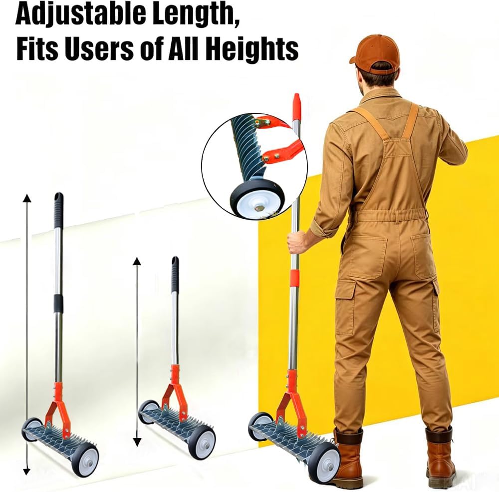 Handvertikutierer mit Rollen, Schneidrechen mit Stiel 165cm, Vertikutierer Rechen Hand mit Gartenabf