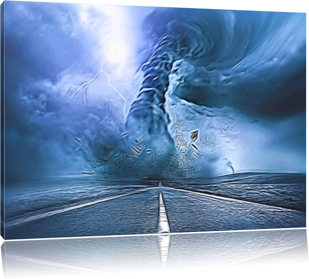 stürmender Tornado auf einer Landstrasse Format: 100x70 auf Leinwand, XXL riesige Bilder fertig gera