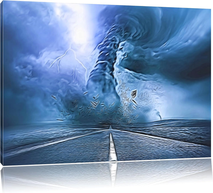 stürmender Tornado auf einer Landstrasse Format: 100x70 auf Leinwand, XXL riesige Bilder fertig gera