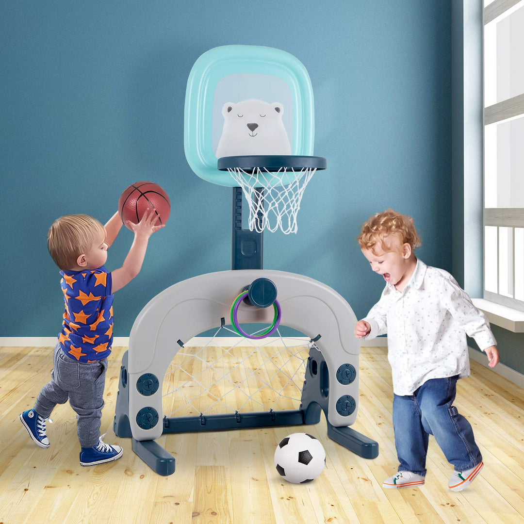 3-in-1-Basketballkorb-Set für Kinder, höhenverstellbares Sportaktivitätscenter mit Basketball, Fussb