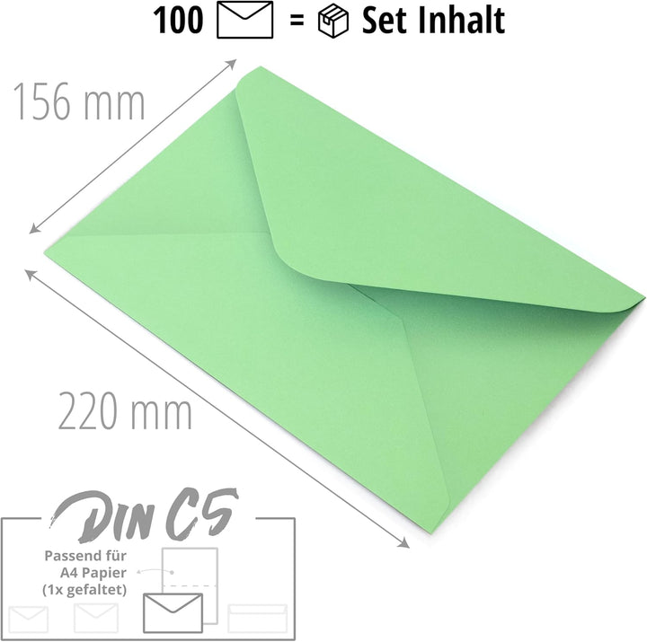 Japun - Briefumschläge (100 Stück) - DIN C5, 220 x 156 mm, mint-grün | Kuvert aus 150 g/m² Papier, U