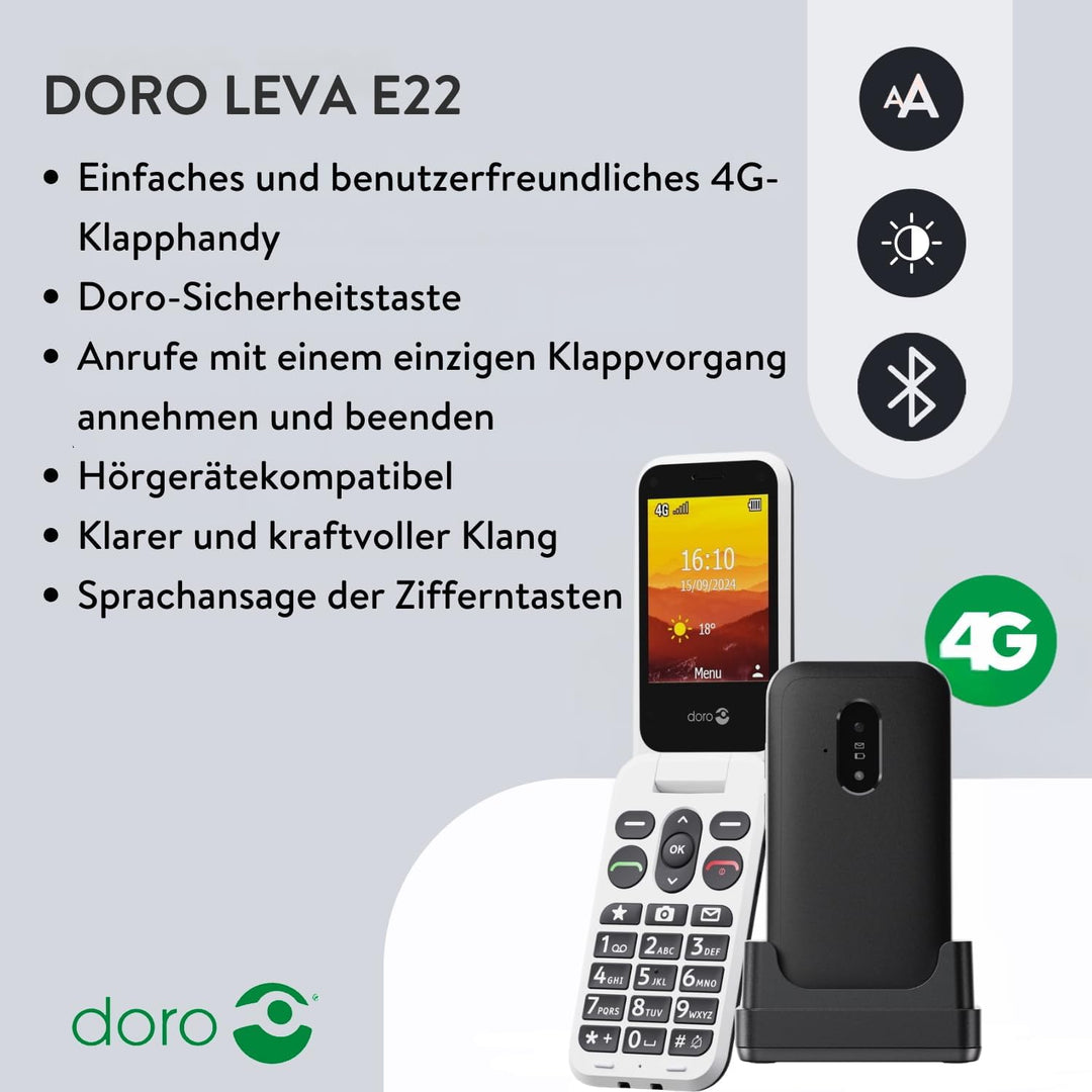 DORO Telefon – Doro Leva E22 – 4G Klapphandy für Senioren – 2,8 Zoll Display, kontrastreiche Tasten,