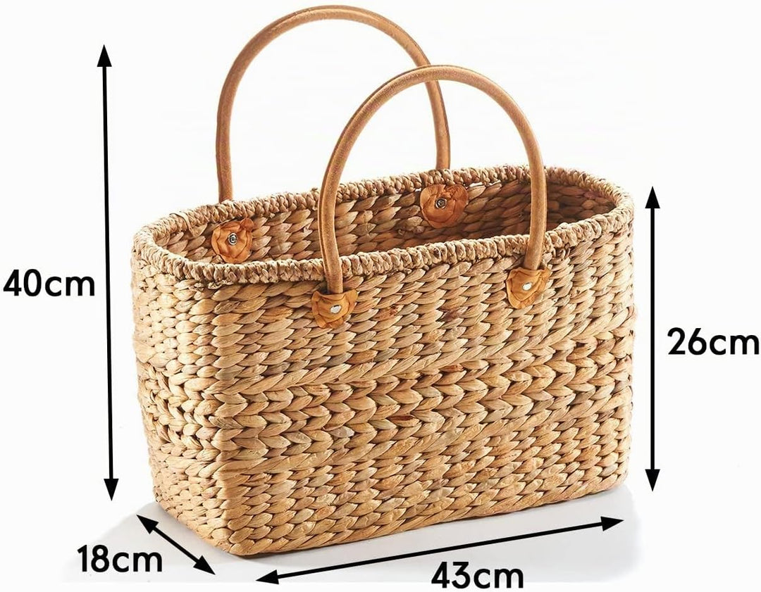 Kobolo Tasche Korbtasche geflochten aus Wasserhyazinthe - Lederhenkel - 43x18x26
