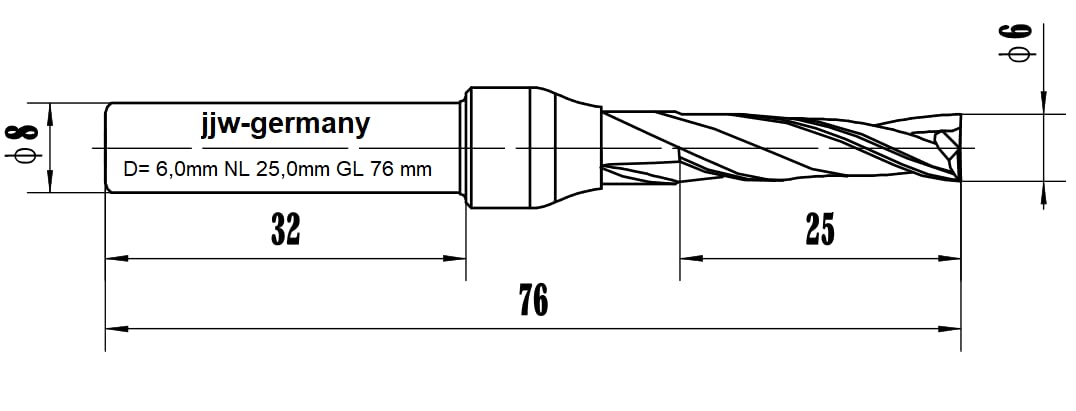 jjw-germany VHM - Spiralnutfräser Nutfräser Z= 2 für Hand Oberfräse mit Stahlschaft 8,0mm (D= 6,0 mm