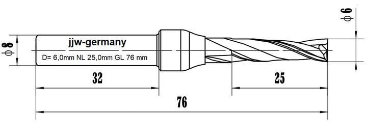 jjw-germany VHM - Spiralnutfräser Nutfräser Z= 2 für Hand Oberfräse mit Stahlschaft 8,0mm (D= 6,0 mm