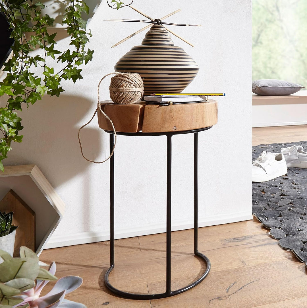 FineBuy Beistelltisch Massiv-Holz Wohnzimmer-Tisch Metallbeine Landhaus-Stil Baumstamm-Form Echt-Hol