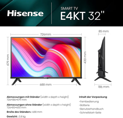 Hisense 32E4KT (32 Zoll) Fernseher, HD Ready - Smart TV, Triple Tuner DVB-T2 / T/C / S2 / S, Works w