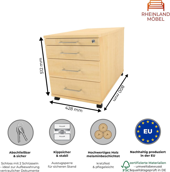Rollcontainer CADI 43×80×51 cm – abschliessbarer Bürocontainer in Ahorn mit Orga- & 3 Universal-Schu