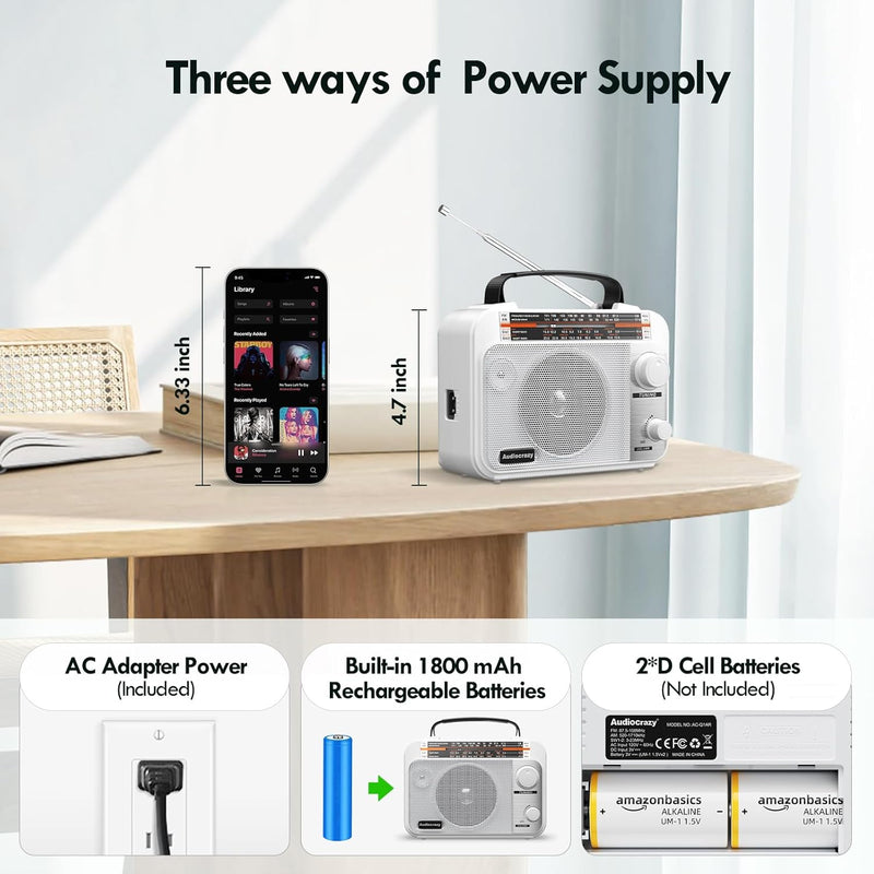 Audiocrazy UKW FM/AM/SW1-2 Radio Tragbares Radio Weltempfänger Radio mit 1800mAh Rechargeable Batter