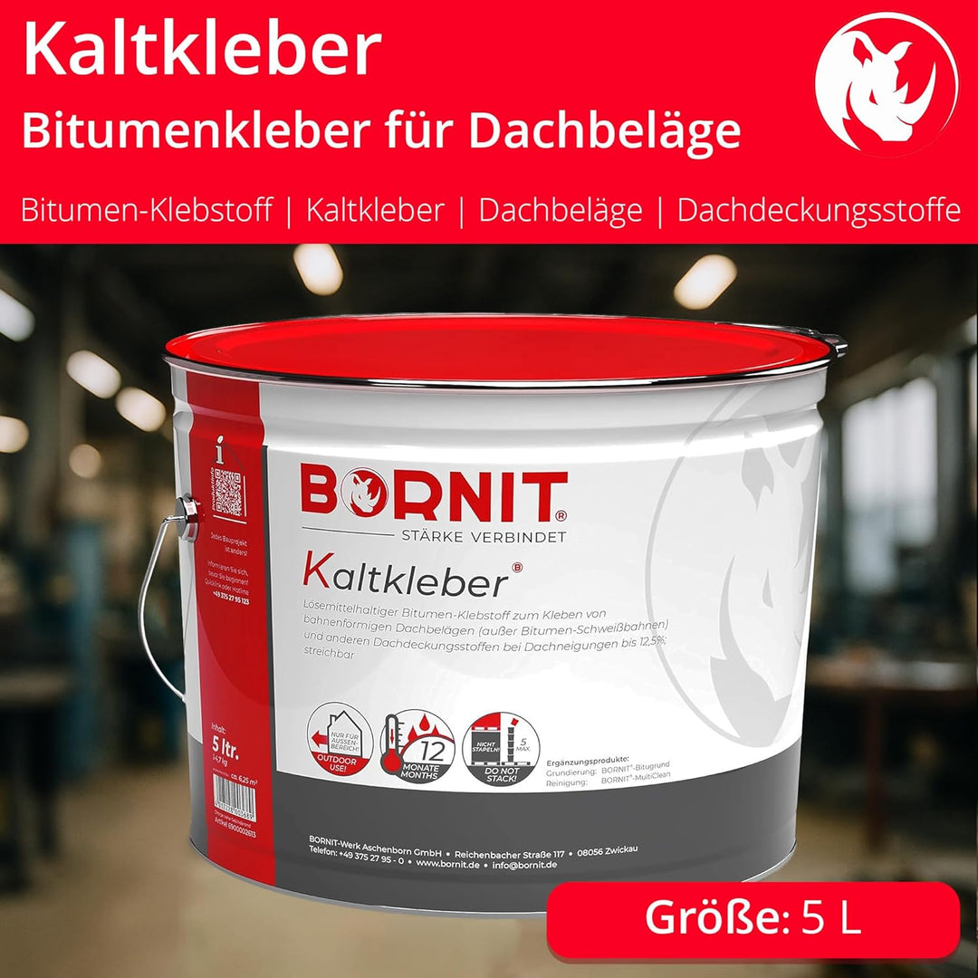 BORNIT Kaltkleber Bitumen Kleber Dachbeläge [bis 12,5% Neigung] 5L Klebstoff Bitumen Lösemittel Gart