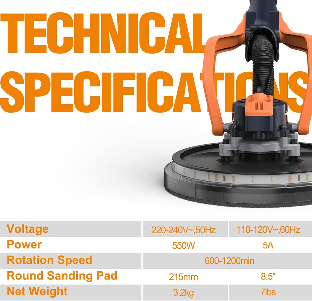 MAXXT Brushless Trockenbauschleifer, 600-1200 U/min,LED-Licht， 550W, 215mm Pad, 360° LED-Licht &amp; Gan
