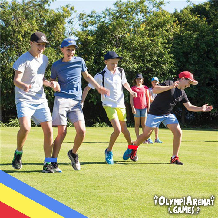 OlympiArena® Kirmes Spiele Kinder | Sackhüpfen, Eierlaufen, 3-Bein-Rennen | 12 Medaillen inklusive |