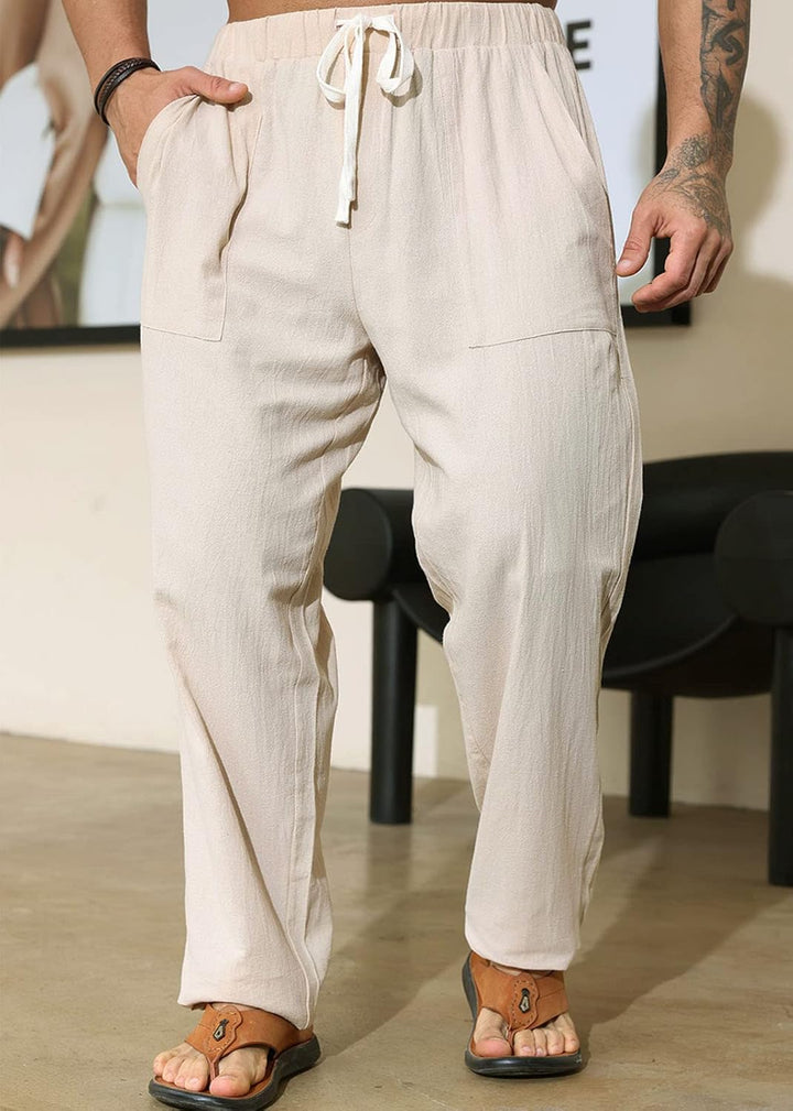 Halfword Leinenhose Herren Hose Lang Freizeithose Strandhose Sommer Leichte Tasche Kordelzug Urlaub
