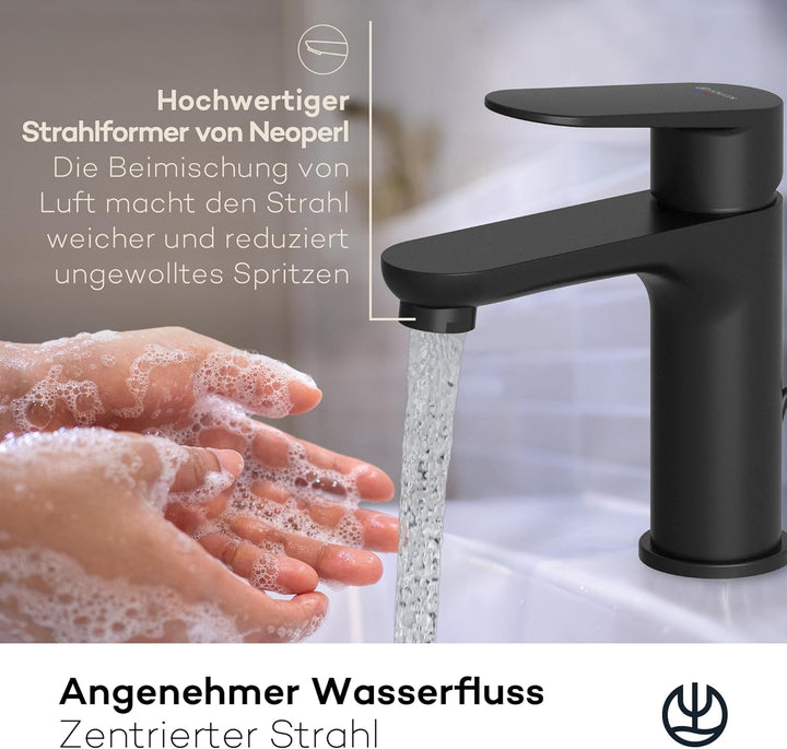 KLUDI-X1 Niederdruck Waschtischarmatur, Auslaufhöhe 95 mm, wassersparender Wasserhahn Bad Schwarz Ma