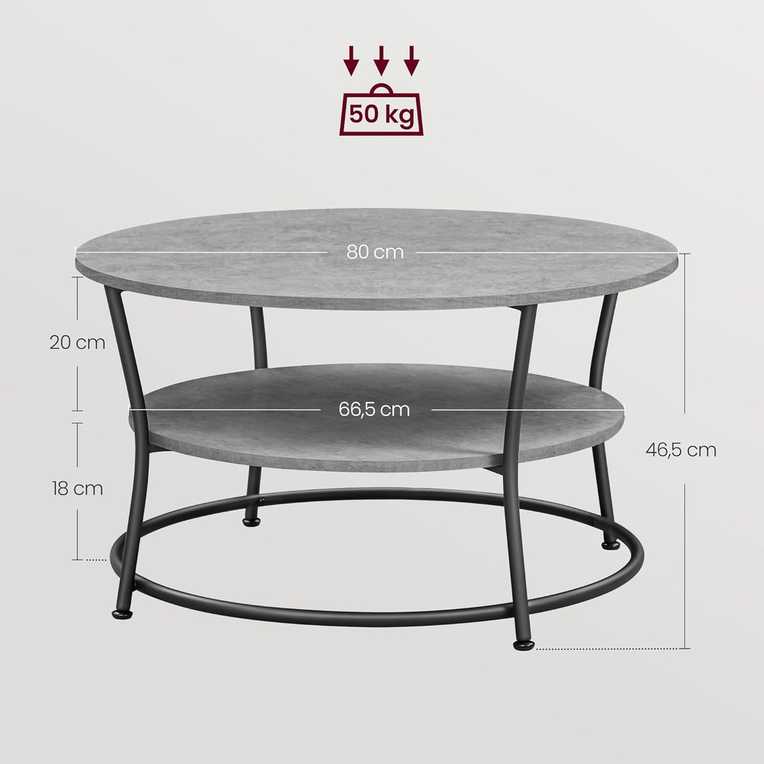 VASAGLE Couchtisch rund, Wohnzimmertisch, Sofatisch mit Ablage, einfacher Aufbau, Metall, Industrie-