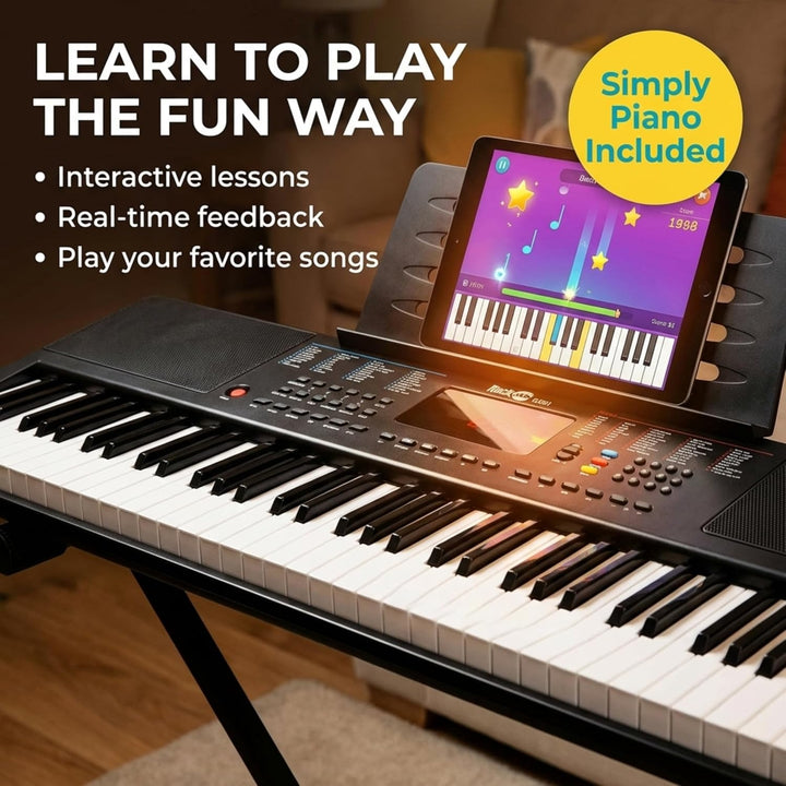 RockJam Compact 61 Key Keyboard with Sheet Music Stand, Power Supply, Piano Note Stickers &amp; Simply P