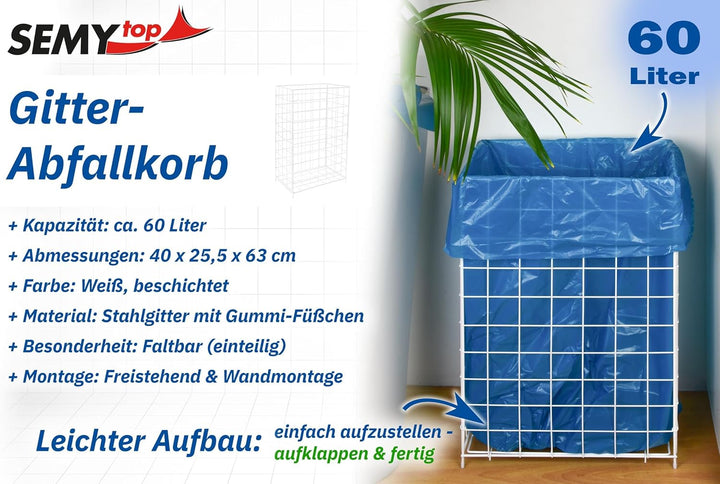 SemyTop ST-88450 Abfallkorb 60 Liter, Zusammenlegbar, Weiss, Metall Beschichtet Single, Single