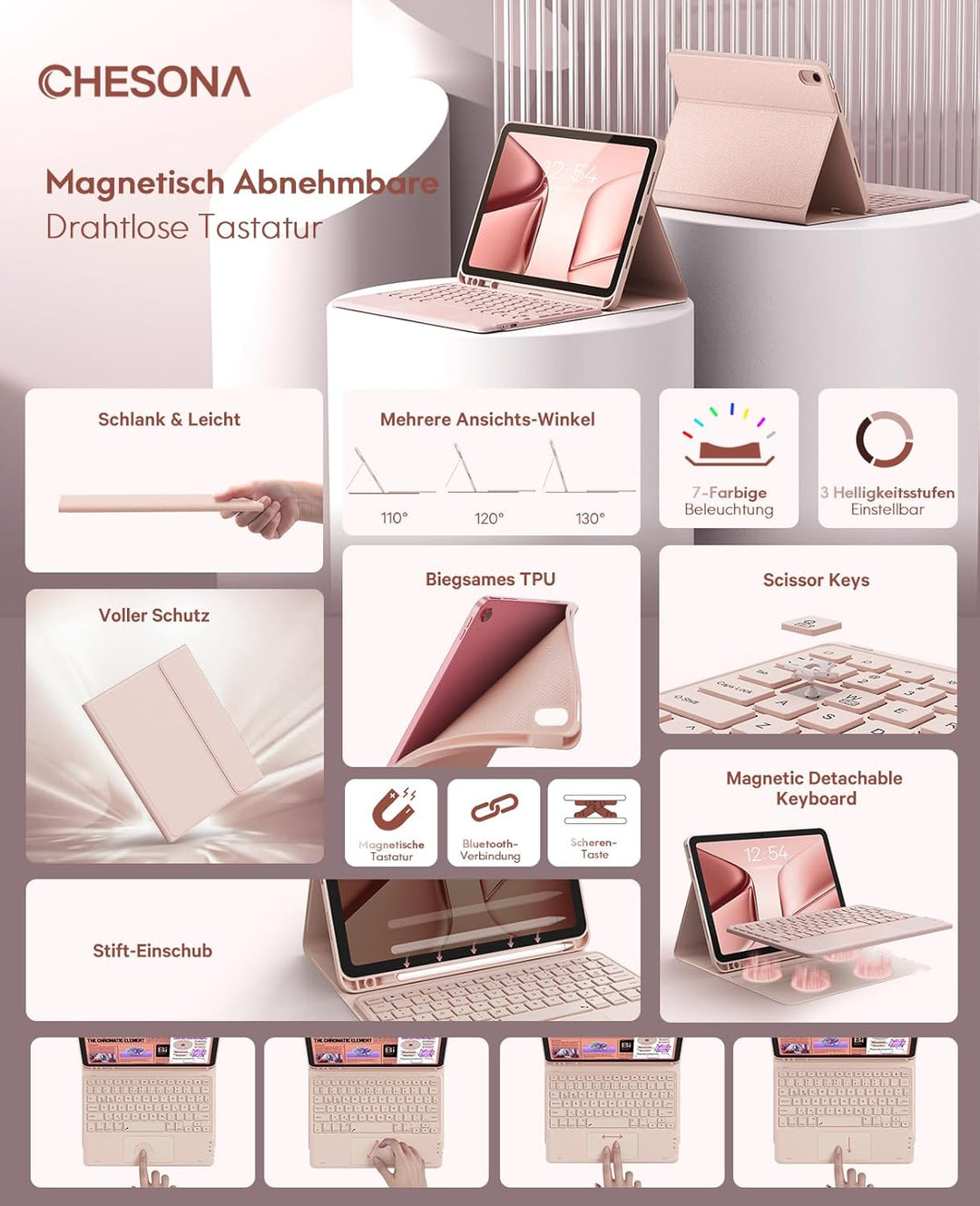 CHESONA Hülle mit Tastatur für iPad 10 Generation/11 Generation A16 2025, 7 Farben Beleuchtung, Mult