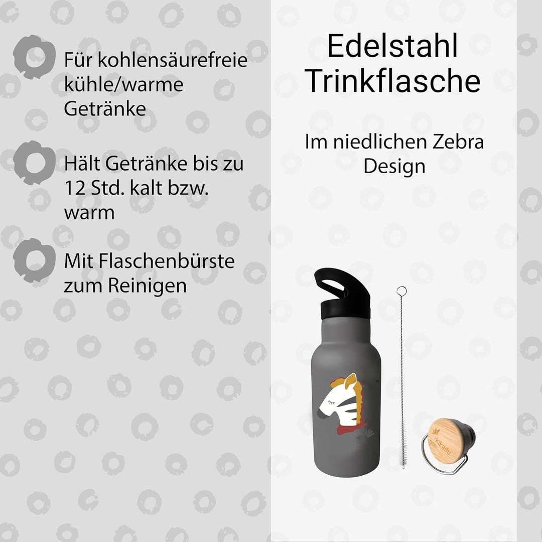 kikadu Trinkflasche Zebra Grau - Kindergeschirr, BPA-frei, mit niedlichen Aufdrucken, Fassungsvermög